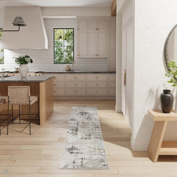 Glitz GLZ04 Modern Abstract Tiled Geometric Grid Distressed Metallic Shimmer Hi-Low Textured Soft-Touch Polyester Low Profile Short-Pile Ivory/Beige/Grey/Multicolour Runner-Nourison-Rug Love - The Most Loved Rug Store